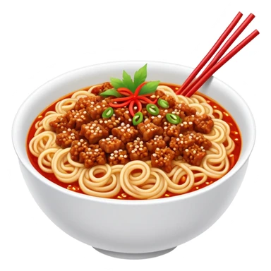 Sichuan Dan Dan Noodles with red chili oil and minced pork, simplified emoji style with bold outlines and bright colors, cartoon style spicy Chengdu street food sticker