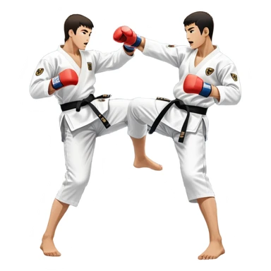 Two taekwondo fighters in traditional white doboks with black belts. One delivers a powerful kick, while the other defends by blocking with his knee. The background shows a professional arena with bright lights and an excited crowd. Transparent background highlights the intense action sticker