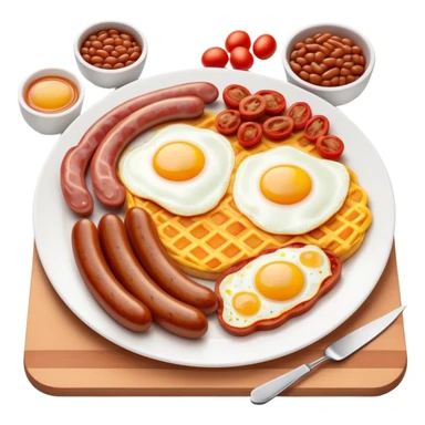Cinematic Realistic English Breakfast Dish Emoji, showcasing a hearty ensemble of eggs, bacon, sausages, baked beans, and grilled tomatoes rendered with lifelike texture and vibrant, appetizing detail that exudes comforting tradition. sticker
