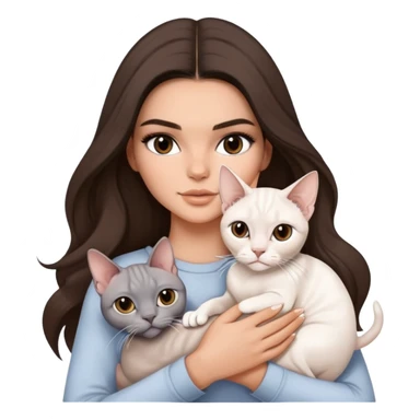 brunette Kendall Jenner with long hair holding on the hands a british white cat and a grey Sphynx sticker