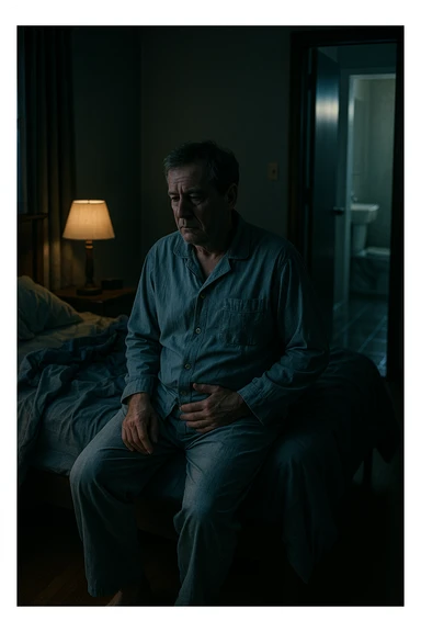 A nighttime scene inside a dimly lit bedroom. A man in his 50s sits stanco sul bordo del letto, con lo sguardo perso nel vuoto, mentre una luce fioca proviene dalla lampada sul comodino. Indossa un pigiama spiegazzato, e si tiene leggermente la zona bassa dell’addome. Dietro di lui, il letto è visibilmente disfatto, segno di sonno interrotto. Una porta socchiusa sullo sfondo mostra la luce accesa in bagno, con il pavimento riflettente che indica i numerosi passaggi notturni. Il tono è cupo ma realistico, con colori freddi, blu e grigi, e un leggero bagliore lunare che filtra dalla finestra. Stile: 35mm film, profondità emotiva, dettaglio ambientale. in italiano sticker