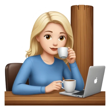 mujer blanca tomando un solo cafe y con un computador sentada en una mesa  sticker