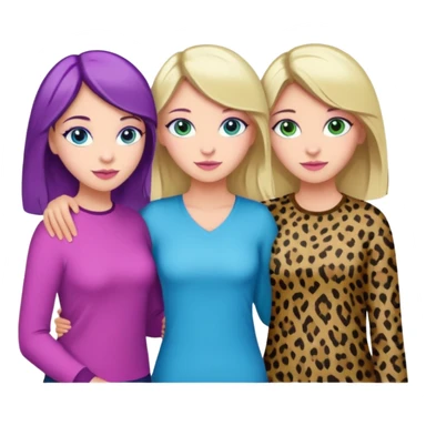 I want a brunette girl who really likes pink and leopard print, another blonde with blue eyes who likes blue, and another with light brown hair, green eyes, and purple and green colors. All together.   sticker