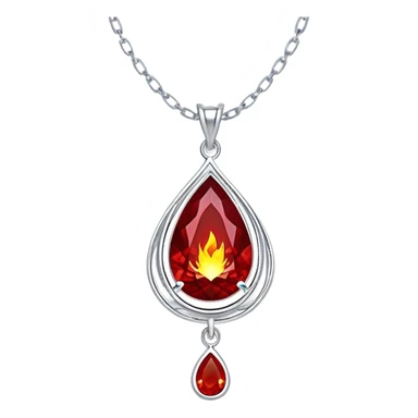 phoenix teardrop ruby pendant, deep red core with yellow ember edges, floating silver chain, pulsing rebirth glow sticker