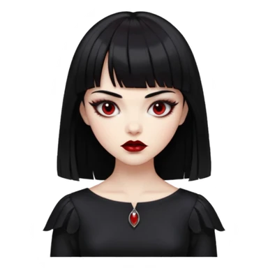 “Emoji girl, porcelain skin, sharp eyeliner, vampy deep red lips, straight jet-black hair with bangs, intense eyes, wearing black silk dress.” sticker