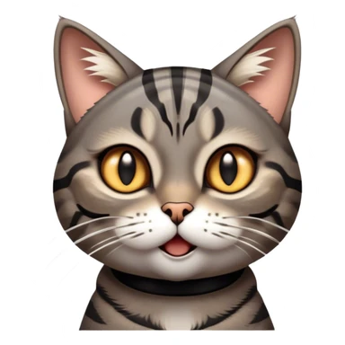 Cinematic Comical Grey and Black Brown Tabby Cat Portrait Emoji, Head tilted dramatically with an exaggeratedly shocked or offended expression, sleek grey-brown fur with bold black tabby stripes, wide amber eyes filled with exaggerated disbelief, Simplified yet hilariously expressive features, highly detailed, glowing with a slightly sassy glow, high shine, dramatic yet playful, stylized with an air of attitude, bright and endearing, soft glowing outline, capturing the essence of a sassy and over-the-top feline, so meme-worthy it feels like it could side-eye its way into internet fame instantly! sticker