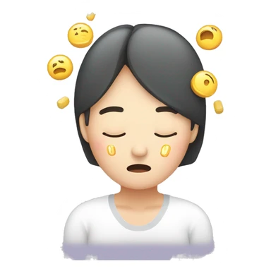 Headache, middle-aged Korean woman in her 40s, with one hand on her head, painful face + a medication in front of her to treat the headache sticker
