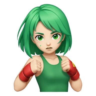 A girl with green hair punching sticker