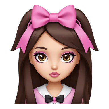pretty bratz baddie, long straight hair brunette baddie with eyeliner and brown eyes and small pink bow sticker