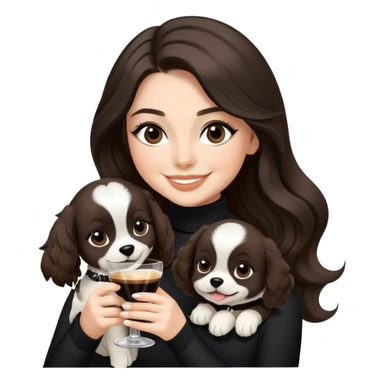 White Girl with winged liner. Hair long wavy like Lana del Rey. Hair dark brown. Eyes dark brown. Holding an espresso martini and a black & white little puppy. Wearing a black turtleneck. Looking happy and smiling.  sticker