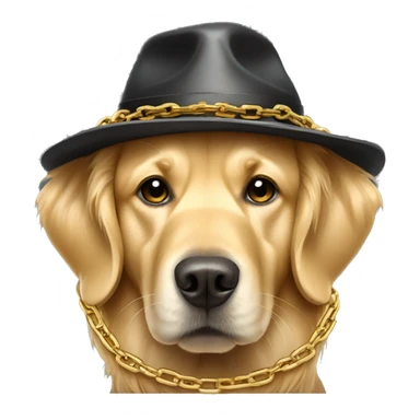Golden retriever wearing chains and a hat that looks like a gangster sticker