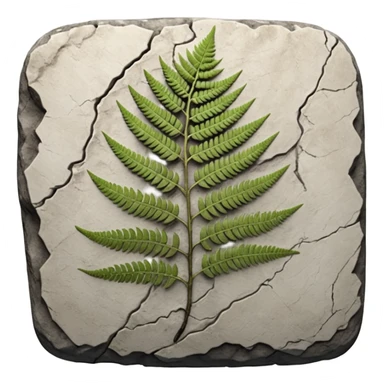 3D render of Fern Imprint, embedded in a chunk of rough sedimentary rock, cracked stone texture, ancient fossil aesthetic, black carbon imprint on a white limestone rock, matte dry finish, Apple emoji style, isolated on white background --v 6.0 sticker