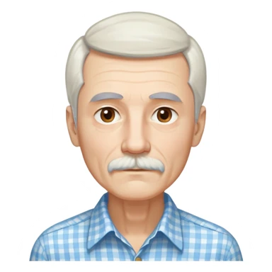 Skinny man in his 70s with fair skin. Long narrow face. Gentle light brown eyes. Fine straight white hair with light bangs touching eyebrows. Thin eyebrows. White goatee connected to mustache. Slender appearance. Wearing a light blue and beige checkered button-up shirt. sticker