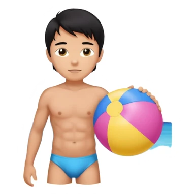 Hawaiian boy with black hair with pink highlights and a swimsuit, with beach ball sticker