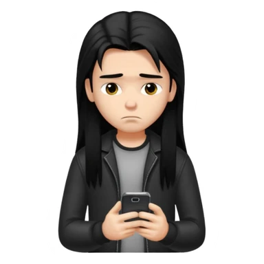 a PRETTY BRATZ boy with black long hair , using his phone and looking sad sticker