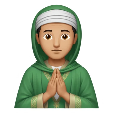 an Algerian man praying, dressed in green with a djellaba sticker