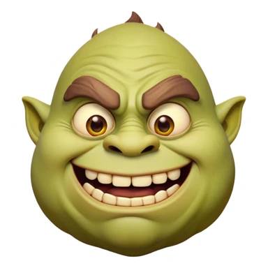 Cinematic Comical Ogre Portrait Emoji, with a strikingly exaggerated, bulky figure in vivid earthy greens and browns, head tilted in a dramatically surprised expression with wide, comically bulging eyes and a goofy, oversized grin, simplified yet hilariously exaggerated, highly detailed with a soft, cartoonish glowing outline capturing the playful absurdity of a meme-worthy ogre! sticker
