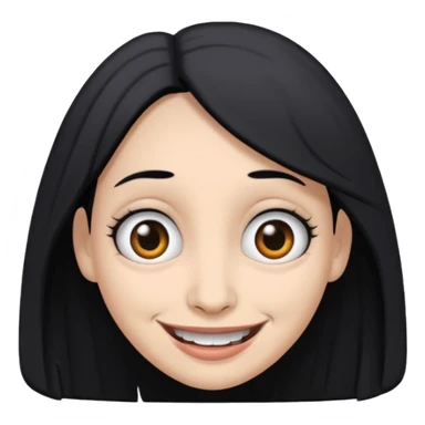 woman with gray skin and black hair and a creepy face with white eyes and a droopy smile sticker