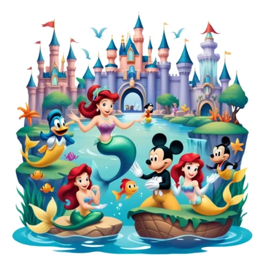 A vibrant collage featuring iconic characters like one Goofy, one Mickey Mouse, one Ariel the Little Mermaid, one Jasmine and one Franco. Each character should be large and bright, set against a cheerful and playful background with Disneyland. Transparent background. sticker