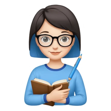 A smart and cute girl with short hair, wearing sky blue clothes,
I hold a book in one arm. There is a pen in the book.
He is wearing black-rimmed glasses and smiling brightly. sticker