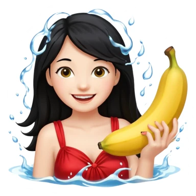 a water splashing banana above a girl with black hair and red dress sticker