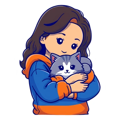Brunette girl with dark blue sweatshirt snuggling a fluffy grey Siberian cat sticker
