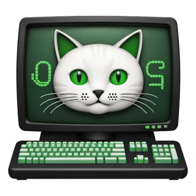 mac os icon code computer retro terminal, black, green white, cat draw with ASCII code inside the terminal sticker