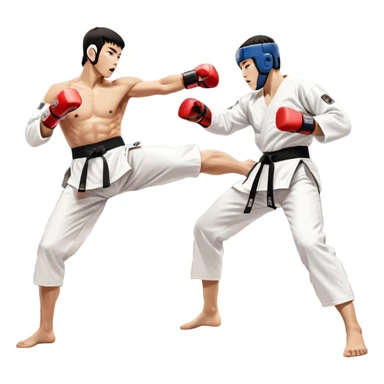 Two taekwondo fighters in traditional white doboks with black belts. One delivers a powerful kick, while the other defends by blocking with his knee. The background shows a professional arena with bright lights and an excited crowd. Transparent background highlights the intense action sticker