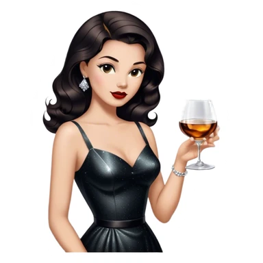 Beautiful woman in 1950’s woman fashion look, black shimmery dress, long dark brown hair, whisky with ice sticker