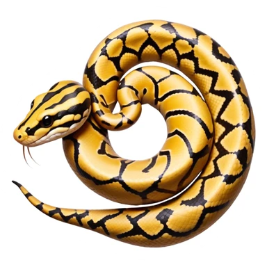 A photo-realistic top-down view of a Ball Python gently coiled into a tight spiral, with its head resting peacefully at the center. Its scales are warm brown with bold, irregular black markings, including the distinctive “alien-head” pattern, flowing smoothly along its body.  sticker