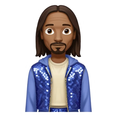 Snoop Dogg with long dark brown hair, periwinkle sequin crop top, cream sequin baggy pants sticker