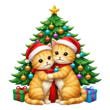 2 cute hugging golden fluffy kittens with Santa hats by a colorful multicolored brightly lit up Christmas tree sticker