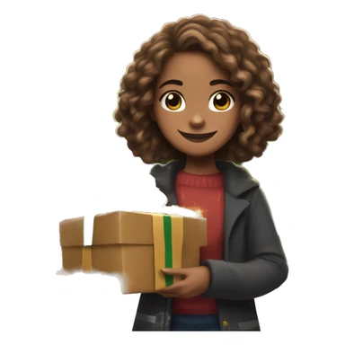 Hermione Granger holding a stack of Christmas presents, with a warm, festive smile, standing in front of a twinkling Christmas tree sticker