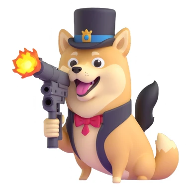 doge with a tophat and minigun, no background, 'TO WAR LADS!' sticker