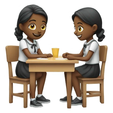 Two schoolgirl at the table are playing sticker