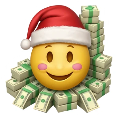 A festive 3D emoji style yellow smiley face wearing a Santa hat, surrounded by stacks of cash and dollar bills, joyful expression, Christmas and New Year theme, high quality, clean design, studio lighting, no text, no background, isolated object, transparent background, emojis.com style sticker