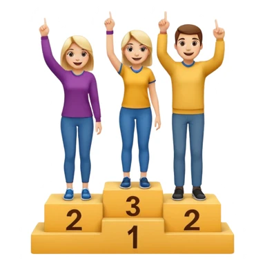 three casually dressed people on a winners podium labeled 2, 1, 3 from left to right, each on their step, center person on 1 holding up one finger on each hand, fun expressive cheerful emoji style sticker