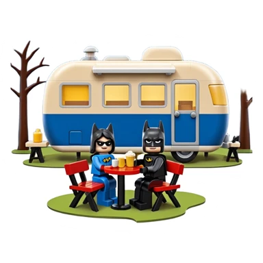  Ultra cute futuristic Lego detailed Batman and pretty Catwoman dream house Caravan with picnic table and folding chairs alone at romantic night(hot chocolate and cheeseburgers on the grill) sticker
