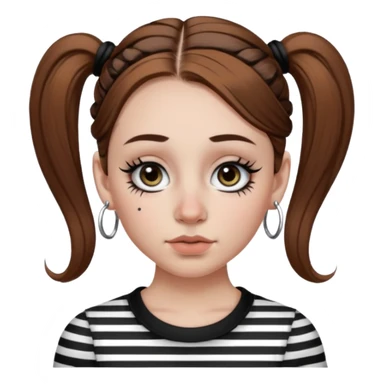 a white girl with brown hair in very low pigtails black eyeliner big false eyelashes with a septum piercing nose piercing big hoop earings dermals close to the eyes one on each side wearing a black and white striped long sleeve shirt sticker