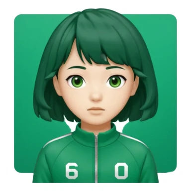 Sae-byeok from Squid Game, black wavy bob haircut with brief fringe, wearing green tracksuit with number 067 on chest, simple emoji style sticker