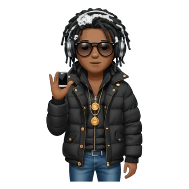 African American man brown skin complexion with black dreadlocks shoulder length wearing black bubble winter coat wearing black sunglasses with denim skinny jeans and timberland boots wearing headphones and rapping into a studio microphone sticker