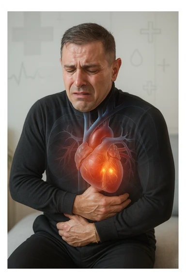 a middle-aged man sits on a bench, clutching his chest with a pained expression. His face is pale and sweaty, and his posture is hunched forward. A transparent overlay reveals his heart and major blood vessels, with highlighted areas indicating blockages or damage. The background is clean and clinical, with subtle medical icons. sticker