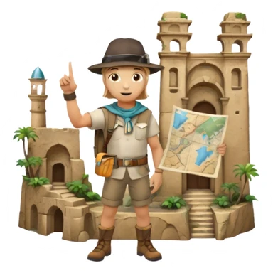 Icon for Documentary Film (TV style): A traveler pointing backward and narrating in front of ancient ruins. Include elements like historical landmarks, maps, and exploration tools to evoke a sense of adventure. Transparent background. sticker
