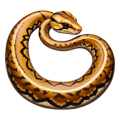 A photo-realistic top-down view of a Ball Python gently coiled into a tight spiral, with its head resting peacefully at the center. Its scales are warm brown with bold, irregular black markings, including the distinctive “alien-head” pattern, flowing smoothly along its body.  sticker