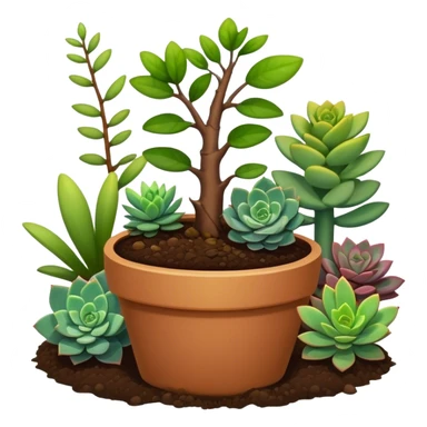 Close-up of a potted sapling in rich soil surrounded by vibrant plants and succulents. Bright sunlight filters through the window, casting soft shadows. Nearby gardening tools rest on a wooden table. Cozy indoor atmosphere with greenery and flowers. sticker