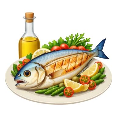 plate with fish, vegetables, and olive oil bottle sticker