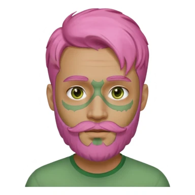 pink haired man with full full face green clay mask and beard sticker