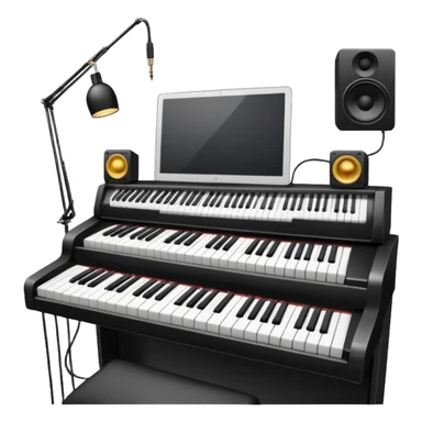 music studio with piano keyboard, computer screen, and audio cables sticker
