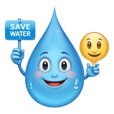 A smiling cartoonish, blue water, droplet character holding a sign saying, save water save money sticker