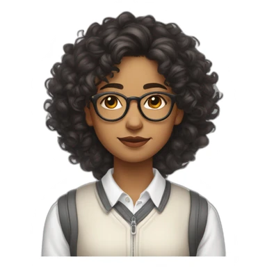 indian teenage girl with curly hair and glasses wearing a collared long sleeve white shirt under a white sweatervest sticker